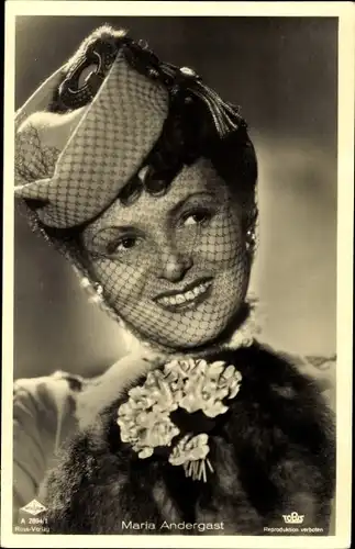 Ak Schauspielerin Maria Andergast, Portrait, Hut, Schleier