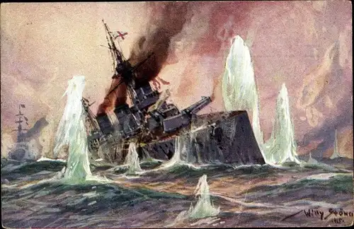 Künstler Ak Stöwer, Willy, Seegefecht Nordsee 1915, Englischer Schlachtkreuzer, deutsche Kreuzer