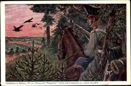 Künstler Ak Baluschek, H., Morgenrot, Morgenrot, Volkslied Nr. 16, Kolonialkriegerspende, Dt. Soldat