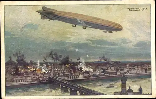 Künstler Ak Schulze, Hans Rudolf, Zeppelin, Luftschiff Schütte Lanz, Warschau bombardierend, I. WK