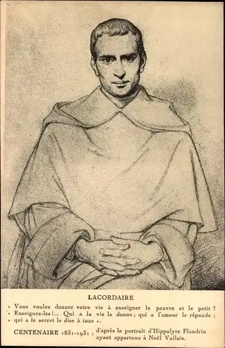Ak Portrait eines Geistlichen, Lacordaire, Centenaire, d'apres le portail d'Hippolyte Flandria