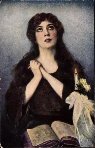 Künstler Ak Ehrlich, Credo, Betende Frau, Frauenportrait, Buch, Kerze