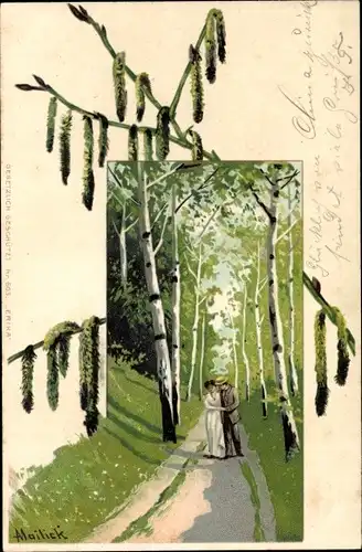 Künstler Litho Mailick, Paar in einer Birkenallee