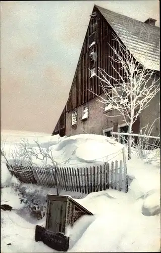 Ak Winterszene, Wohnhaus, Zaun, Schnee, Photochromie