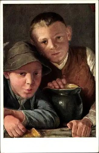 Künstler Ak Zwei Jungen, Kinderportrait, Krug