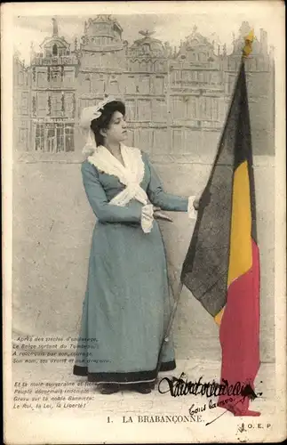 Ak La Brabanconne, Frau in Volkstracht, Belgische Fahne, Patriotik