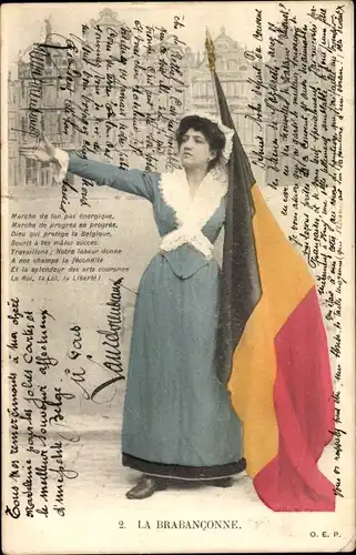 Ak La Brabanconne, Frau in Volkstracht, Belgische Fahne, Patriotik