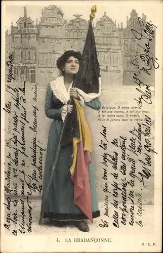 Ak La Brabanconne, Frau mit Fahne in belgischer Volkstracht