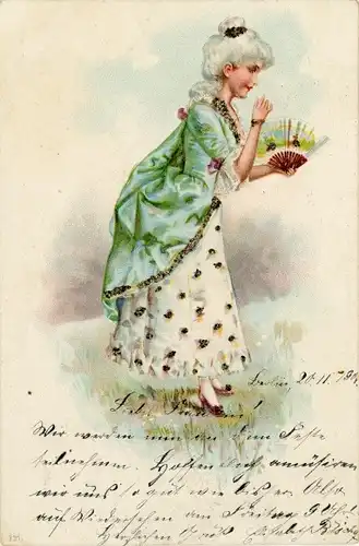 Präge Glitzer Litho Dame mit Fächer, Spaziergang, Wiese
