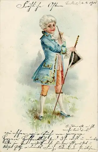 Präge Glitzer Litho Kind mit Gehstock, historisches Kostüm
