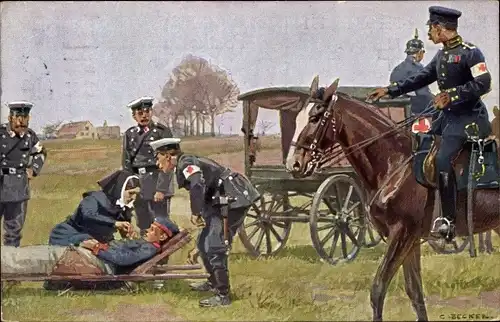 Künstler Ak Becker, Carl, Rotes Kreuz, Sanitäter, verwundeter Soldat auf einer Trage