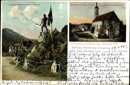 Ak Kochel am See, Schmied Balthes Denkmal, Friedhof, Sendlinger Kirche