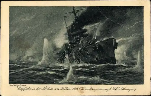 Künstler Ak Stöwer, W., Vernichtung eines englischen Schlachtkreuzers, Schlacht in der Nordsee 1915