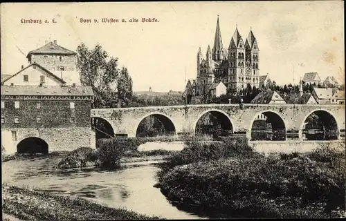 Ak Limburg an der Lahn, Dom vom Westen gesehen, Alte Brücke