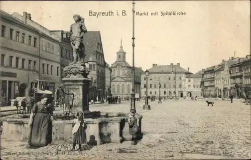 Ak Bayreuth in Oberfranken, Markt mit Spitalkirche