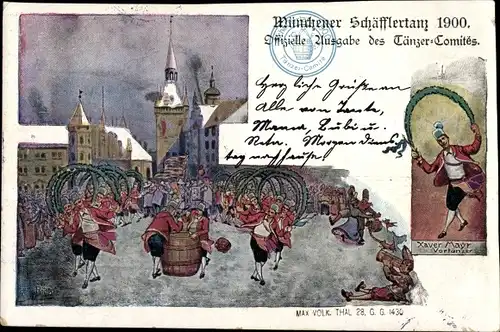 Litho München, Münchener Schäfflertanz, Vortänzer Xaver Mayr