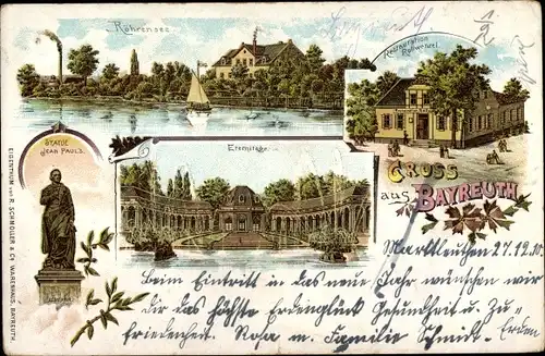 Litho Bayreuth in Oberfranken, Röhrensee, Eremitage, Restauration Rollwenzel, Statue Jean Paul's