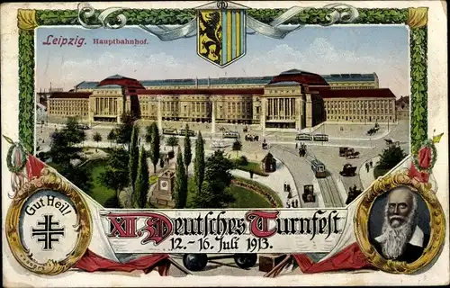 Passepartout Ak Leipzig in Sachsen, Hauptbahnhof, XII. Deutsches Turnfest 1913