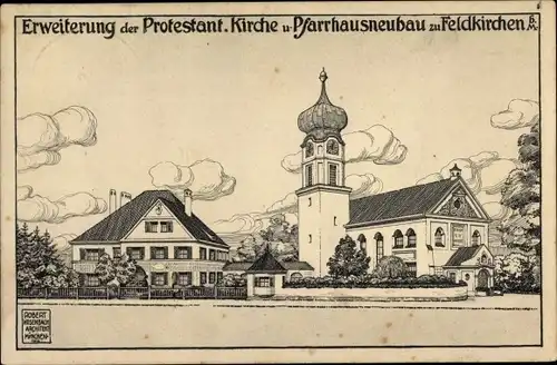 Künstler Ak Feldkirchen im Kreis München Oberbayern, Protestantische Kirche, Pfarrhausneubau