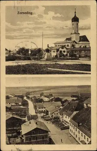 Ak Zorneding in Oberbayern, Ortspartie, Kirche, Denkmal