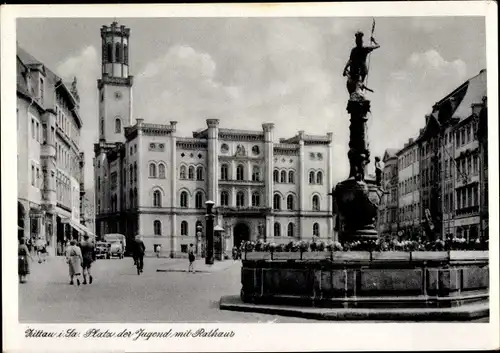 Ak Zittau in Sachsen, Platz der Jugend mit Rathaus, Brunnen