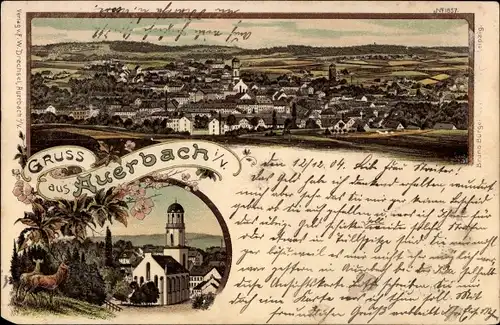 Litho Auerbach im Vogtland, Gesamtansicht, Hirsche, Kirche