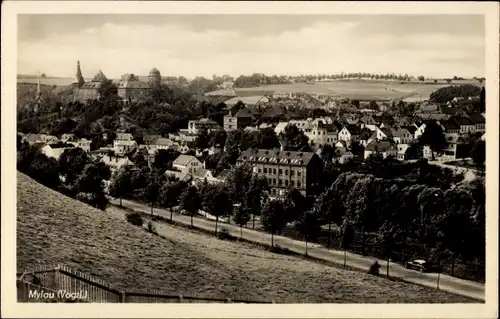 Ak Mylau im Vogtland, Blick aus der Höhe auf den Ort, Felder