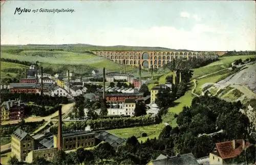 Ak Mylau Reichenbach im Vogtland, Stadtpanorama mit Göltzschtalbrücke