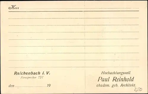 Ak Reichenbach Vogtland, Projekt eines Gebäudes, Architekt Paul Reinhold