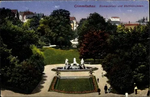 Ak Crimmitschau in Sachsen, Bismarckhain und Wettinbrunnen