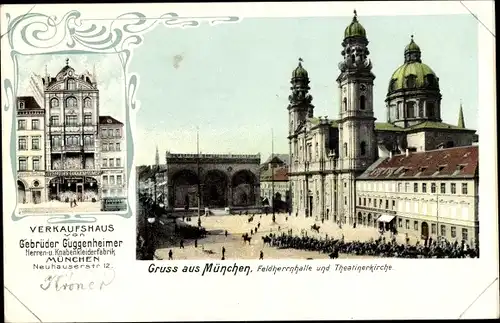 Ak München, Verkaufshaus Gebrüder Guggenheimer, Feldherrnhalle und Theatinerkirche