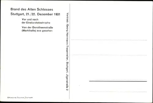 Ak Stuttgart in Württemberg, Brand des alten Schlosses, 21./22. Dezember 1931