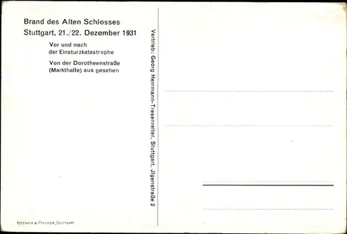 Ak Stuttgart in Württemberg, Brand des alten Schlosses, 21./22. Dezember 1931