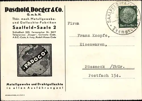 Ak Saalfeld, Padoco, Paschold, Doeger & Co., Thür. mech. Metallgewebe- u. Geflechte Fabriken