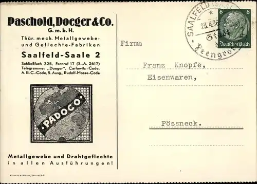 Ak Saalfeld, Padoco, Paschold, Doeger & Co., Thür. mech. Metallgewebe- u. Geflechte Fabriken