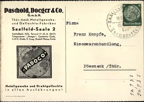 Ak Saalfeld, Padoco, Paschold, Doeger & Co., Thür. mech. Metallgewebe- u. Geflechte Fabriken