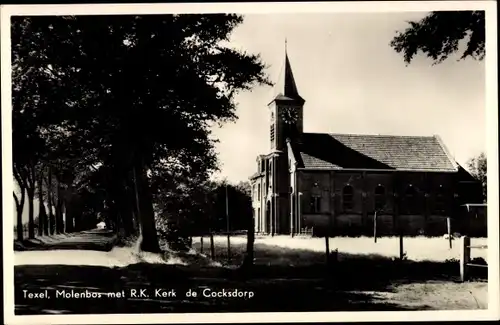 Ak Texel Nordholland Niederlande, Molenbos met R. K. Kerk de Cocksdorp