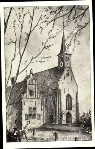 Ak Schoorl Nordholland Niederlande, Kirche und Rathaus