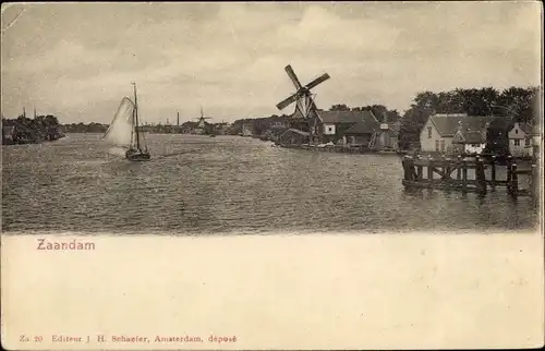 Ak Zaandam Zaanstad Nordholland, Wasserpartie, Segelboot, Windmühle