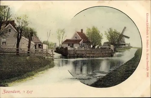 Ak Zaandam Zaanstad Nordholland, 't Kalf, Windmühle, Uferpartie, Häuser