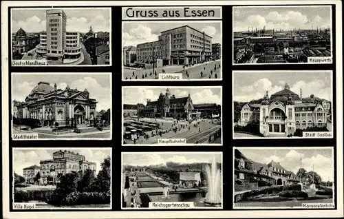 Ak Essen im Ruhrgebiet, Lichtburg, Deutschlandhaus, Kruppwerke, Bahnhof, Theater, Saalbau