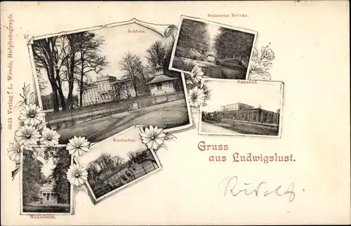 Ak Ludwigslust in Mecklenburg, Schloss, Bahnhof, Steinerne Brücke, Kaskaden, Mausoleum