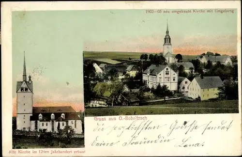 Ak Oberbobritzsch Bobritzsch im Erzgebirge, Alte Kirche, Neu gebaute Kirche
