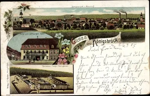 Litho Königsbrück in der Oberlausitz, Hotel zum schwarzen Adler, Barackenlager, Totalansicht