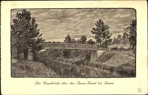 Künstler Ak Reims Marne, Eisenbrücke über den Aisne-Kanal