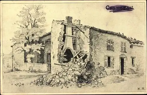 Künstler Ak Craincourt Kranhofen Lothringen Moselle, zerstörtes Haus, Kriegszerstörung 1. WK