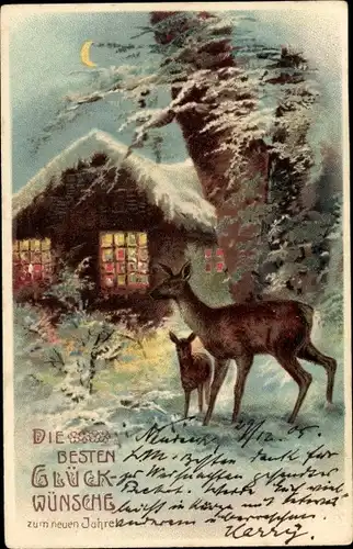 Litho Glückwunsch Neujahr, Rehe, verschneites Haus im Mondlicht