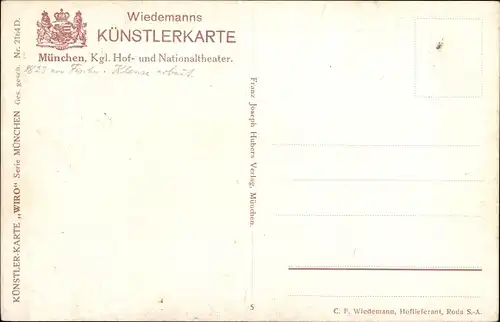 Künstler Ak München Bayern, Kgl. Hof- und Nationaltheater, Denkmal, Wiro 2164 G