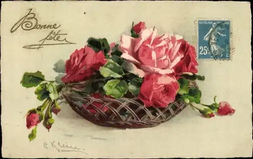Künstler Ak Klein, Catharina, Korb mit Rosen, Blüten und Knospen