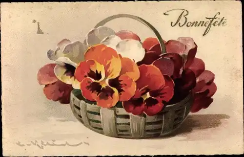 Künstler Litho Klein, Catharina, Bonne Fete, Ein Korb voller Stiefmütterchen